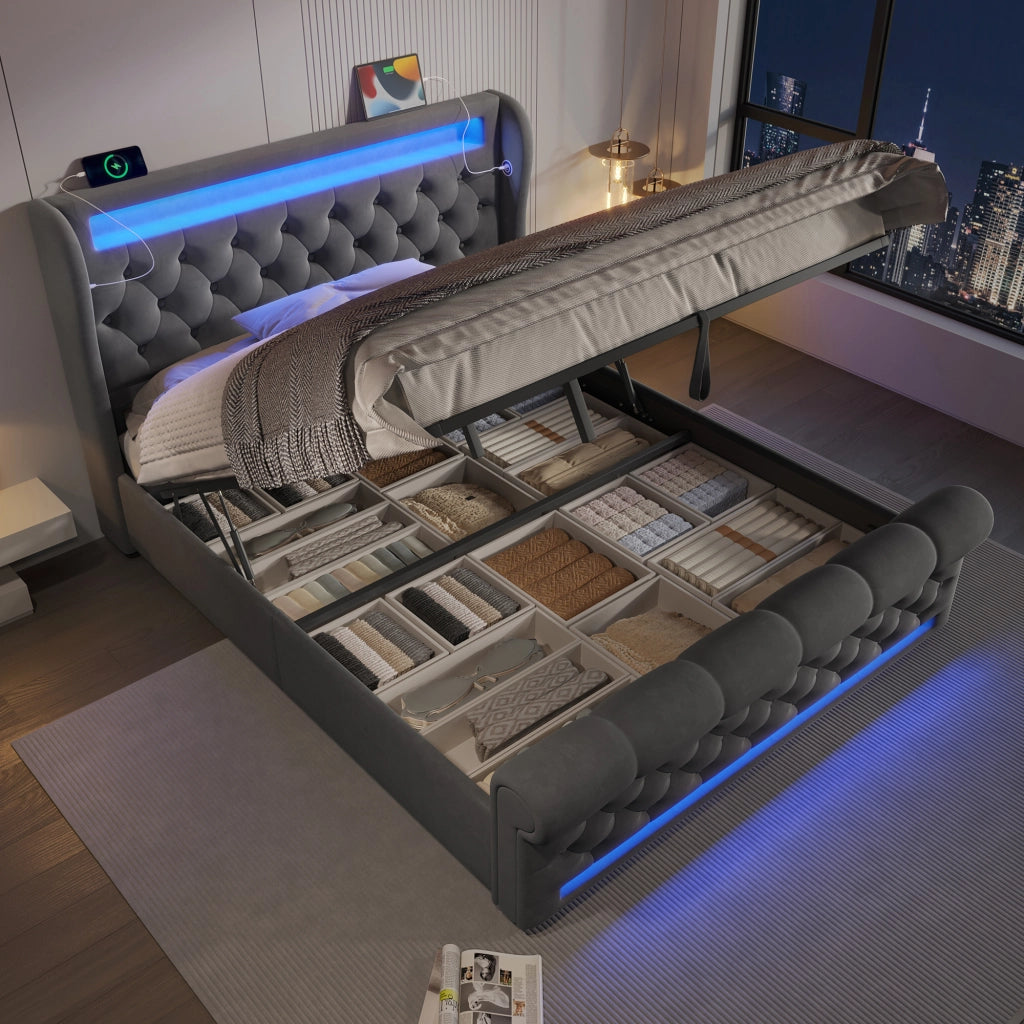 Letto con contenitore 160 × 200 cm idraulico con LED; USB e Type-C; testiera contenitore in velluto grigio