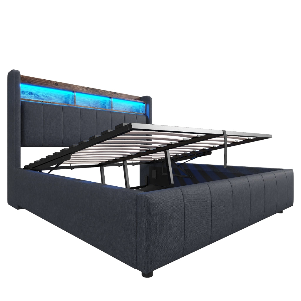 Letto imbottito 140 × 200 cm con contenitore idraulico LED USB e Type-C testiera con ripiani in tessuto di lino grigio