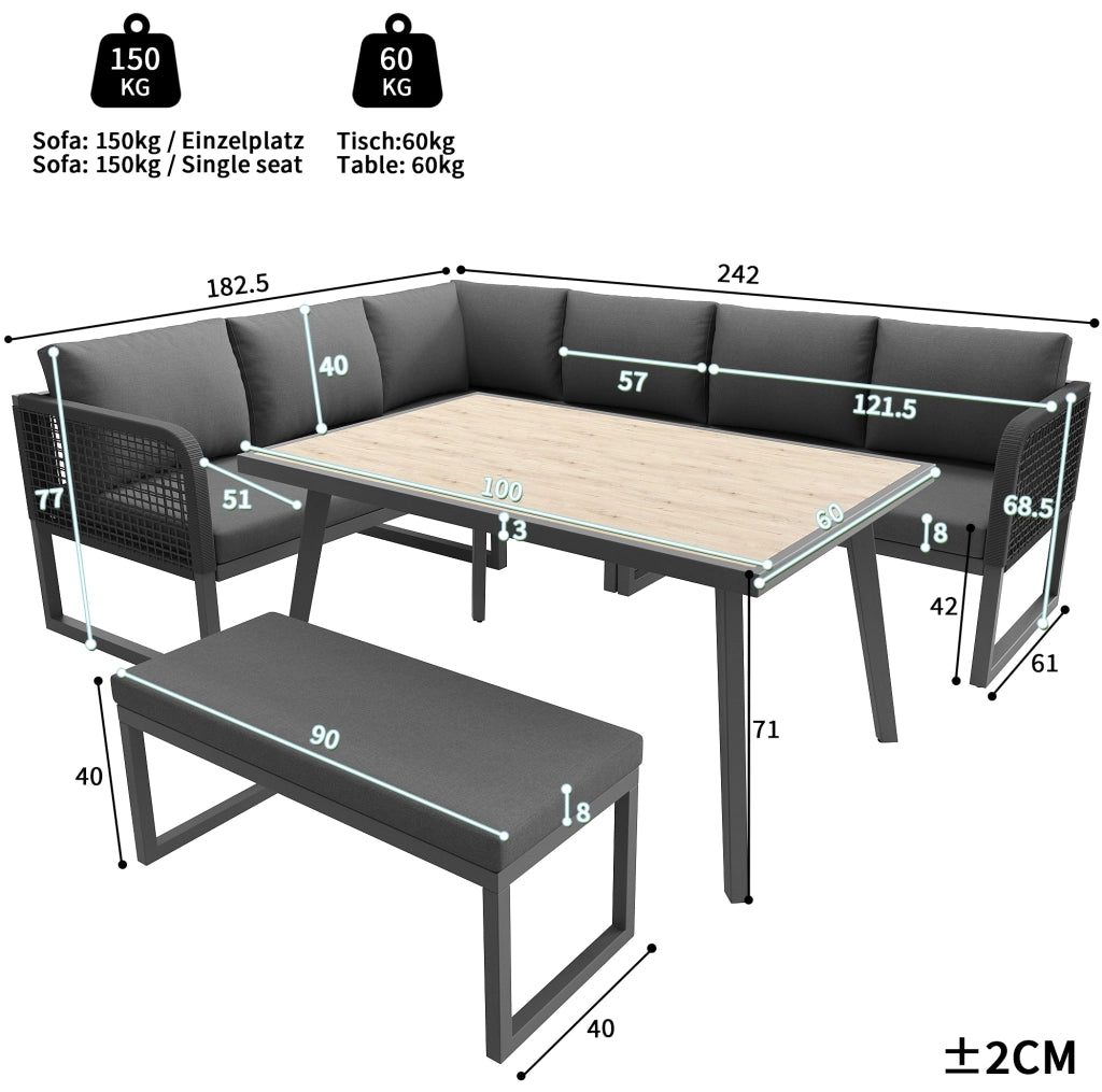 Set divano da giardino; cuscini extra spessi e modularità; PE rattan; grigio