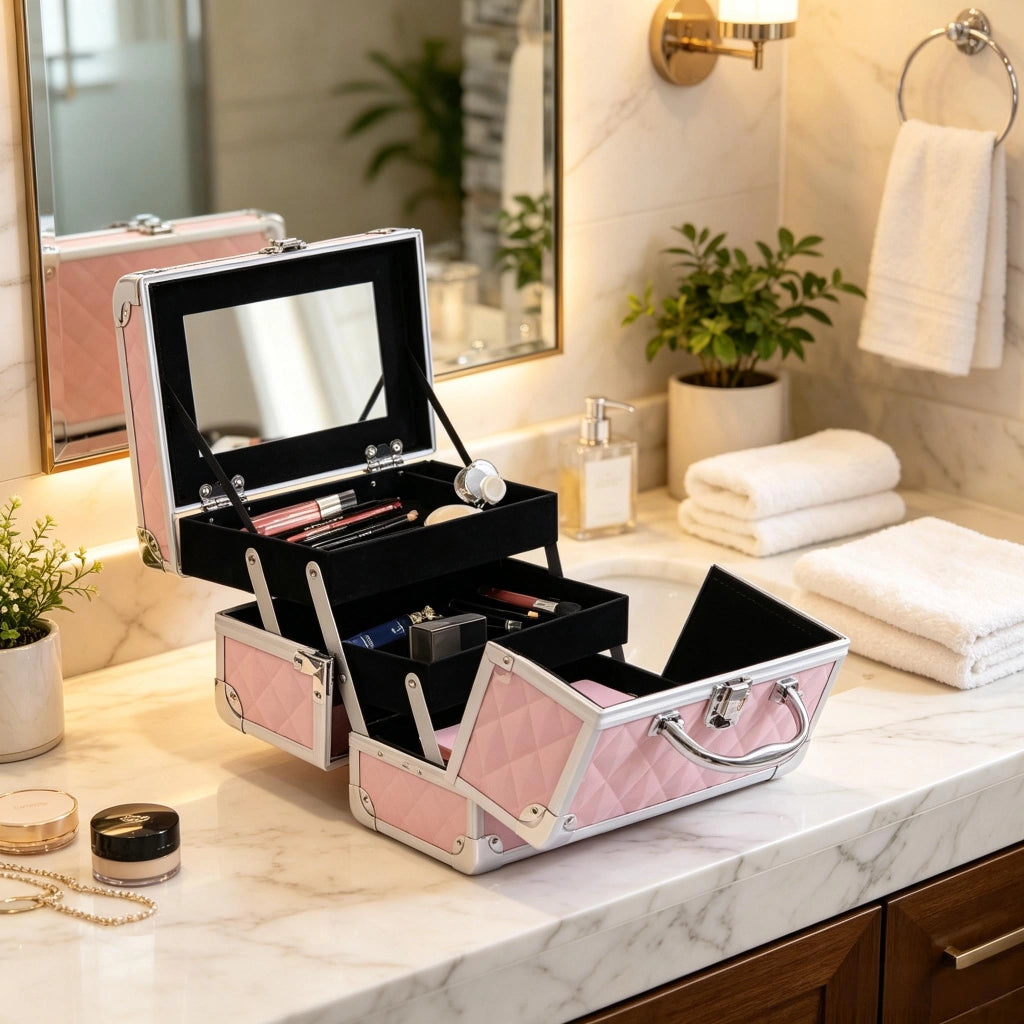 Valigetta per trucco rosa a 3 livelli espandibili con specchio serratura e manico 20 × 15 × 15 cm