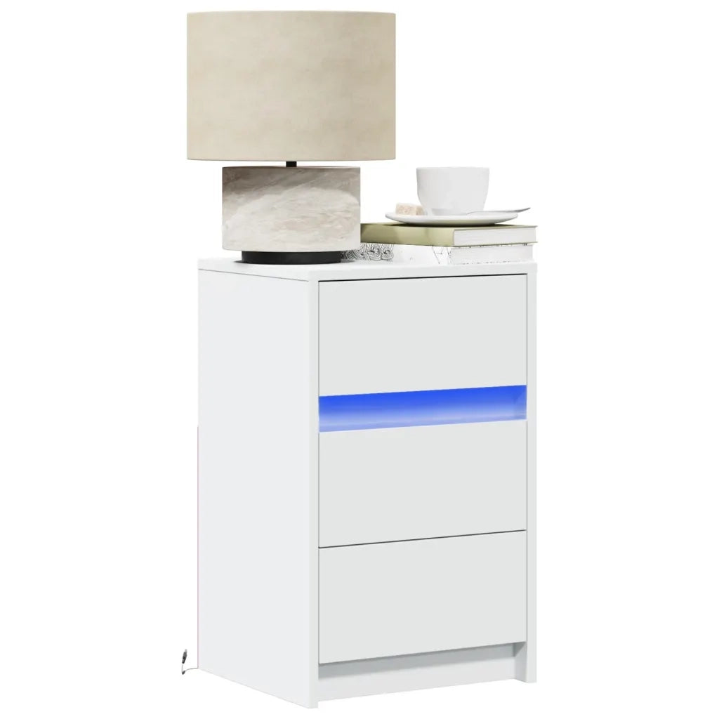 Comodino | Armadio da Notte | Mobiletto da notte con Luci LED Bianco in Legno Multistrato