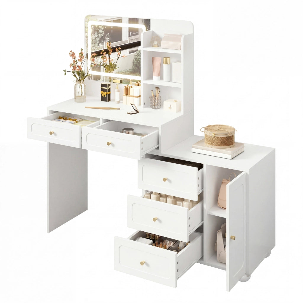 Tavolo da trucco 80x39;8x127 cm con specchio LED a 3 modalità; 5 cassetti; anta e ripiani; bianco