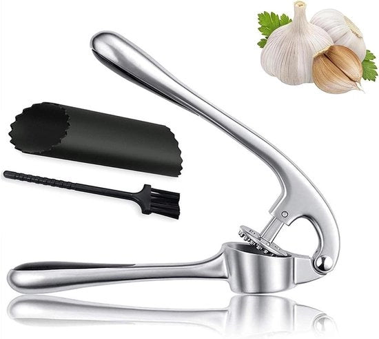 Scopatore d'aglio con schiaccia aglio e spazzola di pulizia - Facile da pulire - Resistentente al lavastoviglie - Zinco argento - Comodo