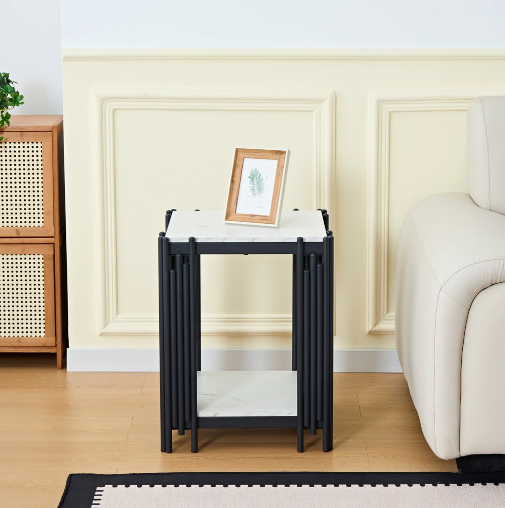 Comodino a 2 ripiani in MDF effetto marmo bianco e nero