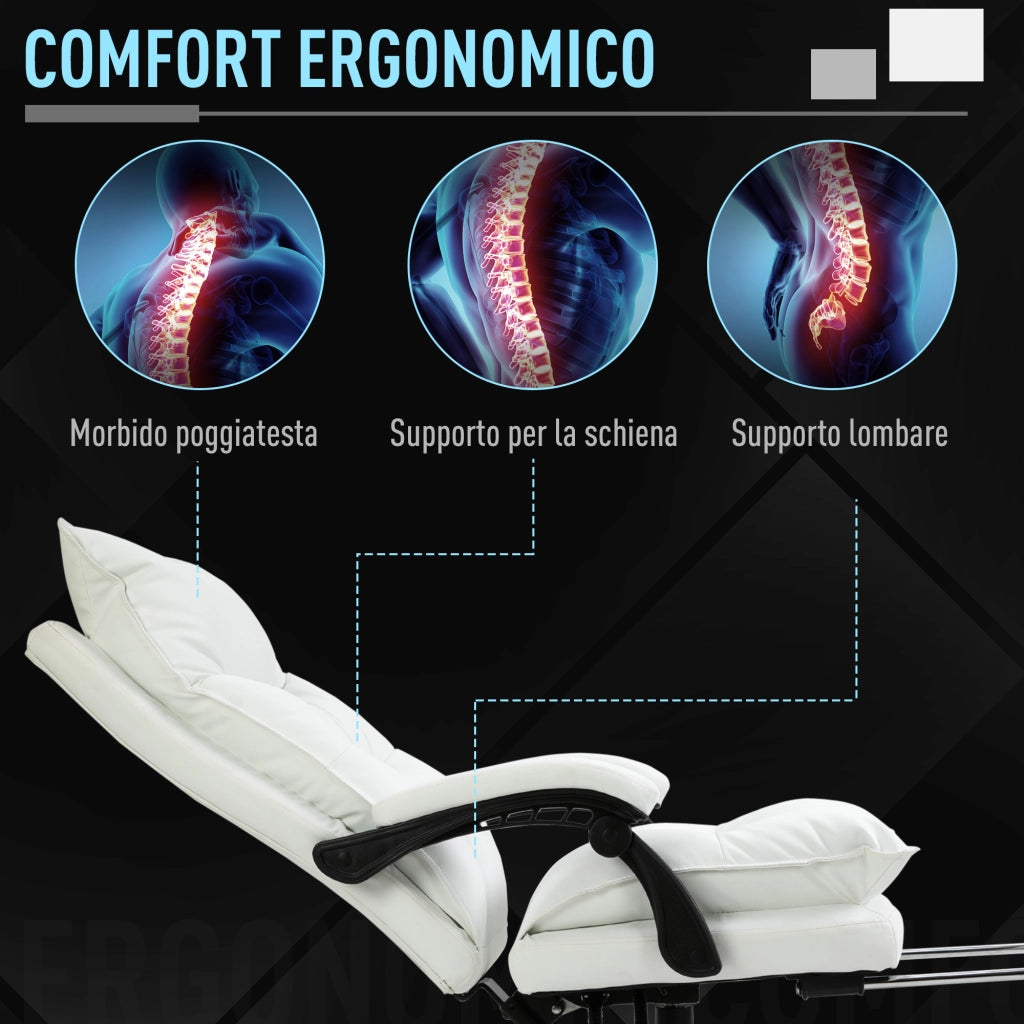 Sedia da Ufficio Ergonomica Reclinabile ¨C Minimal ¨C Finta Pelle, Imbottita, Bianco