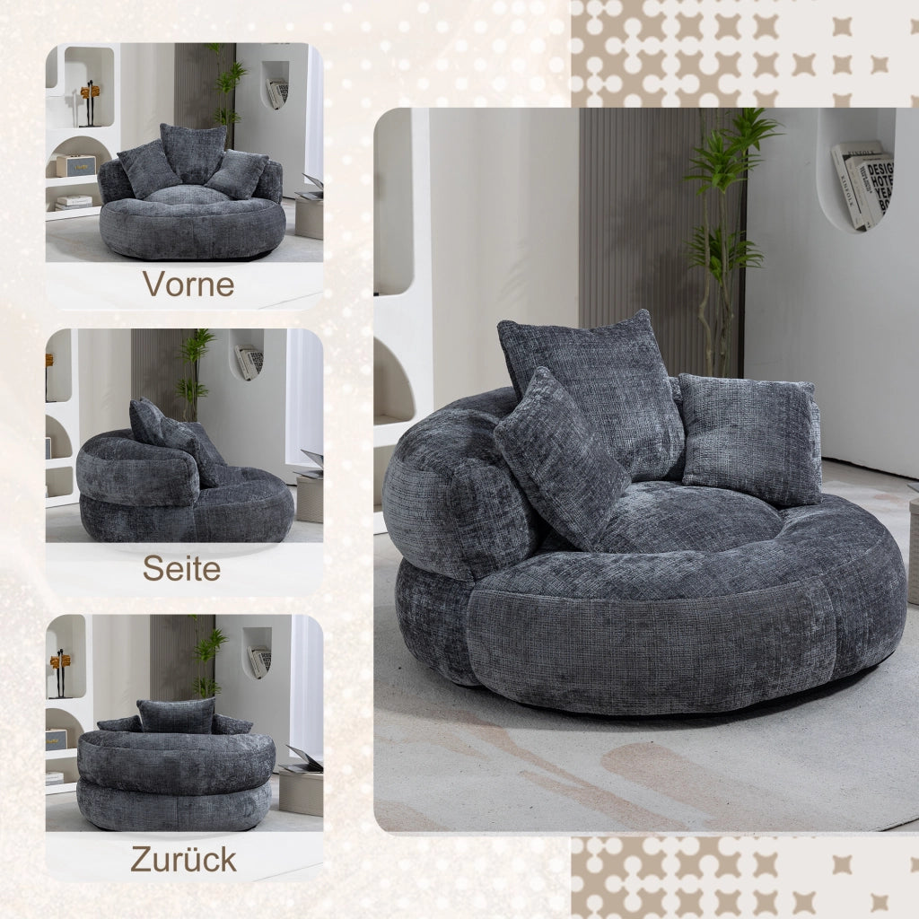 Poltrona pouf con schienale alto e braccioli, seduta ergonomica per relax e lettura, in ciniglia grigia