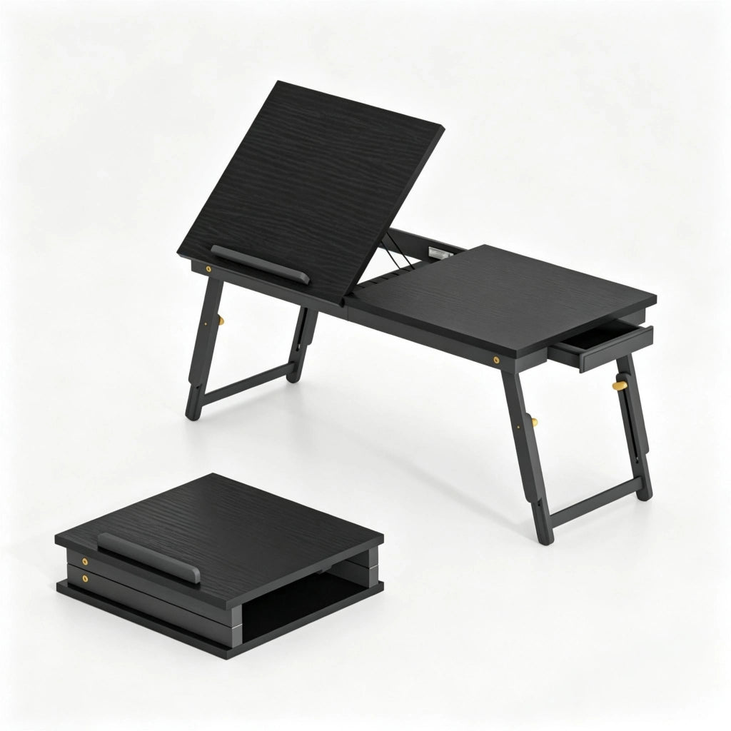 Tavolo da letto per laptop regolabile 70 × 33 cm con piano inclinabile e vano laterale in bambù e MDF nero