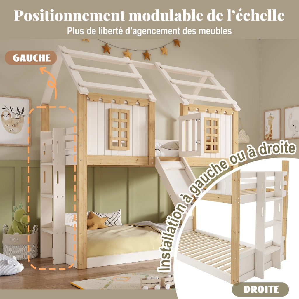 Letto a castello a casetta per bambini 90 x 200 cm; con scivolo; scala flessibile; protezione anticaduta a 360  ; finestra; struttura in legno; bianco