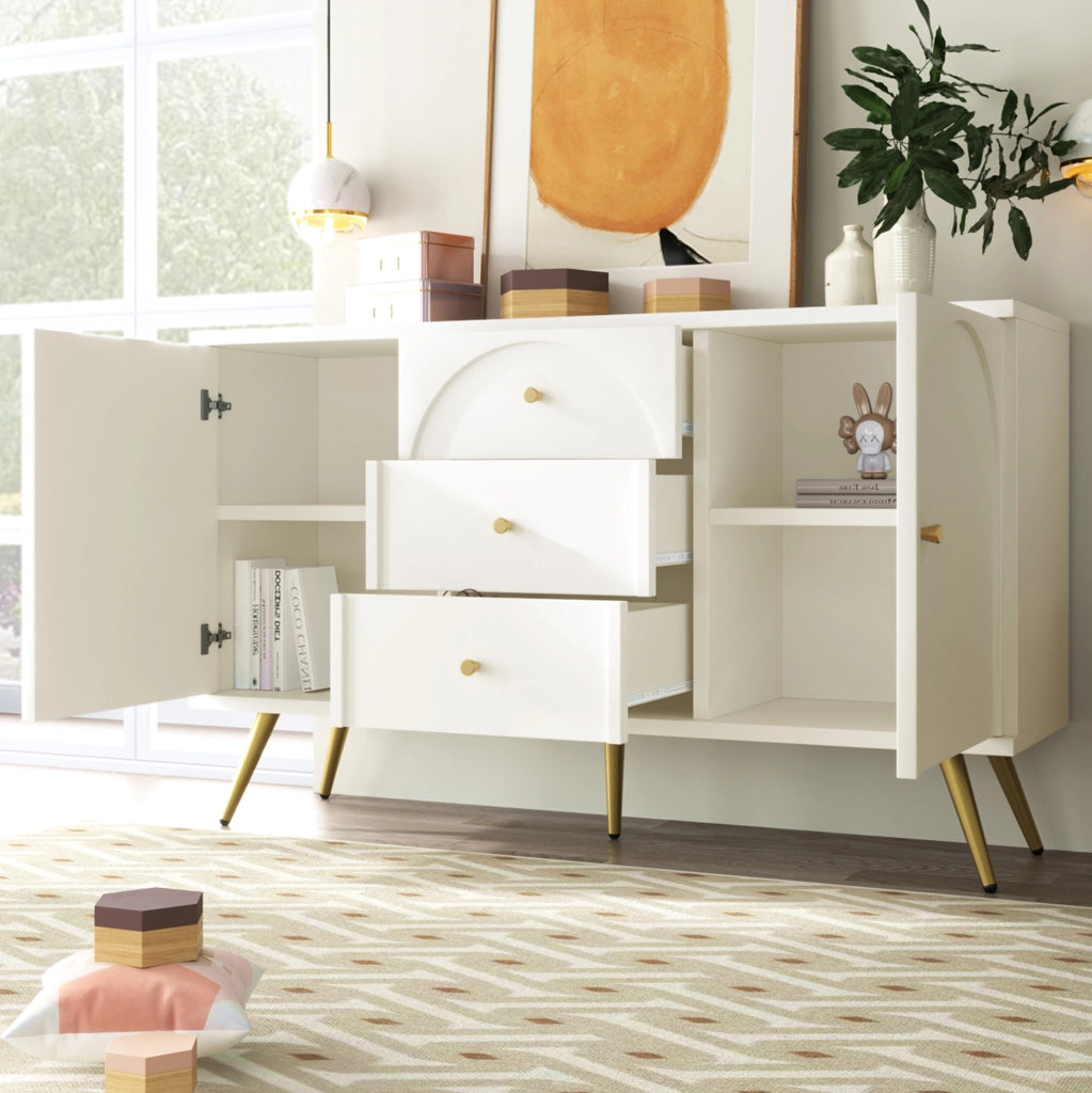 Credenza con 2 ante; 3 cassetti e ripiano regolabile; 140 x 40 x 84 cm; crema