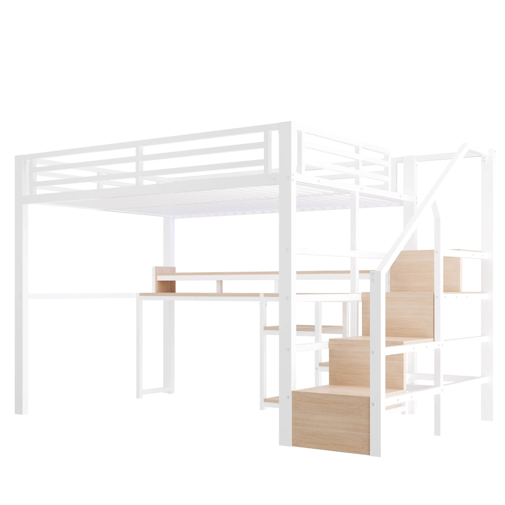 Letto a soppalco 140 × 200 cm in metallo e MDF bianco con armadio scala ripiani LED USB e USB C