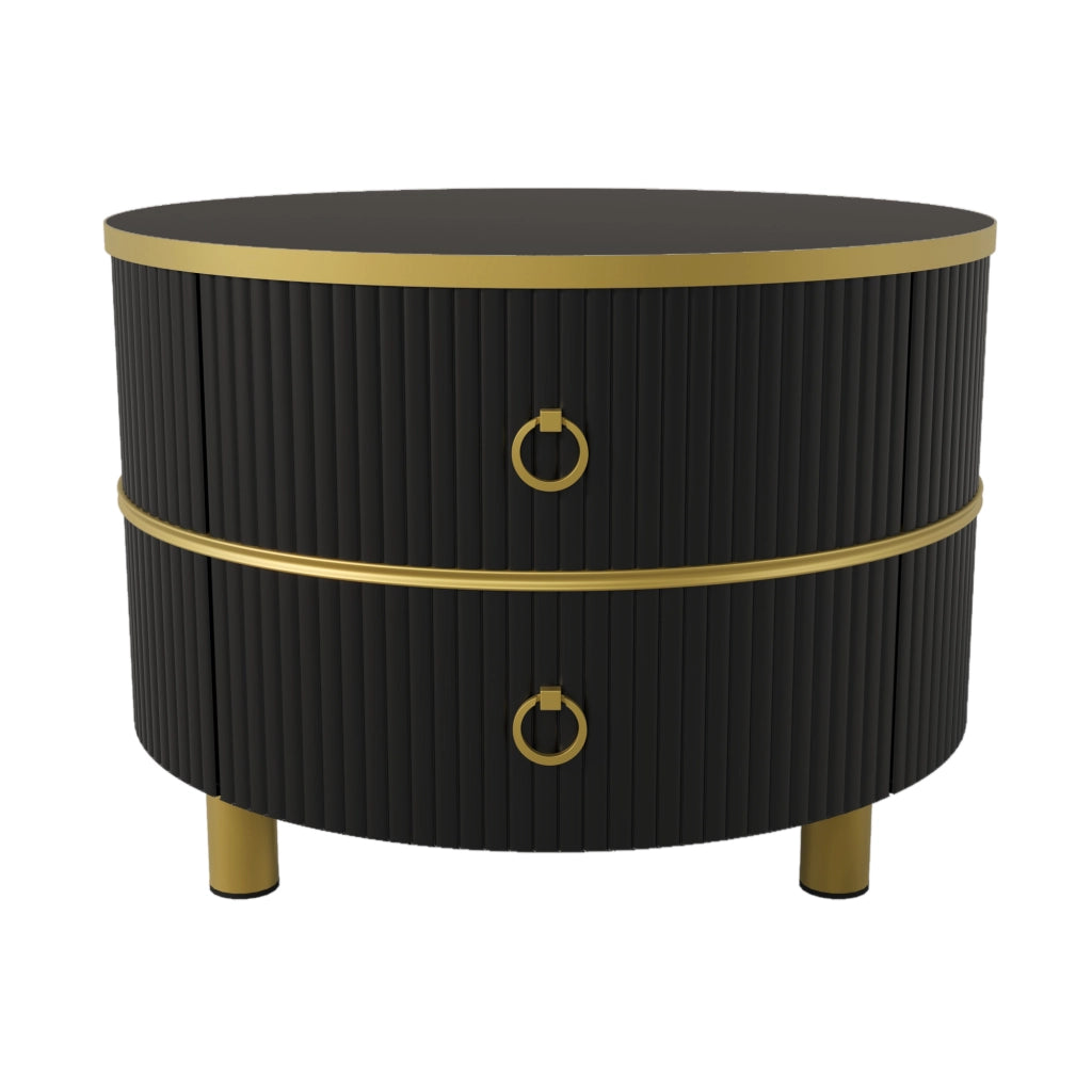 Tavolini da salotto impilabili rotondi con 2 cassetti e piano effetto marmo lucido, in MDF e metallo, nero e oro