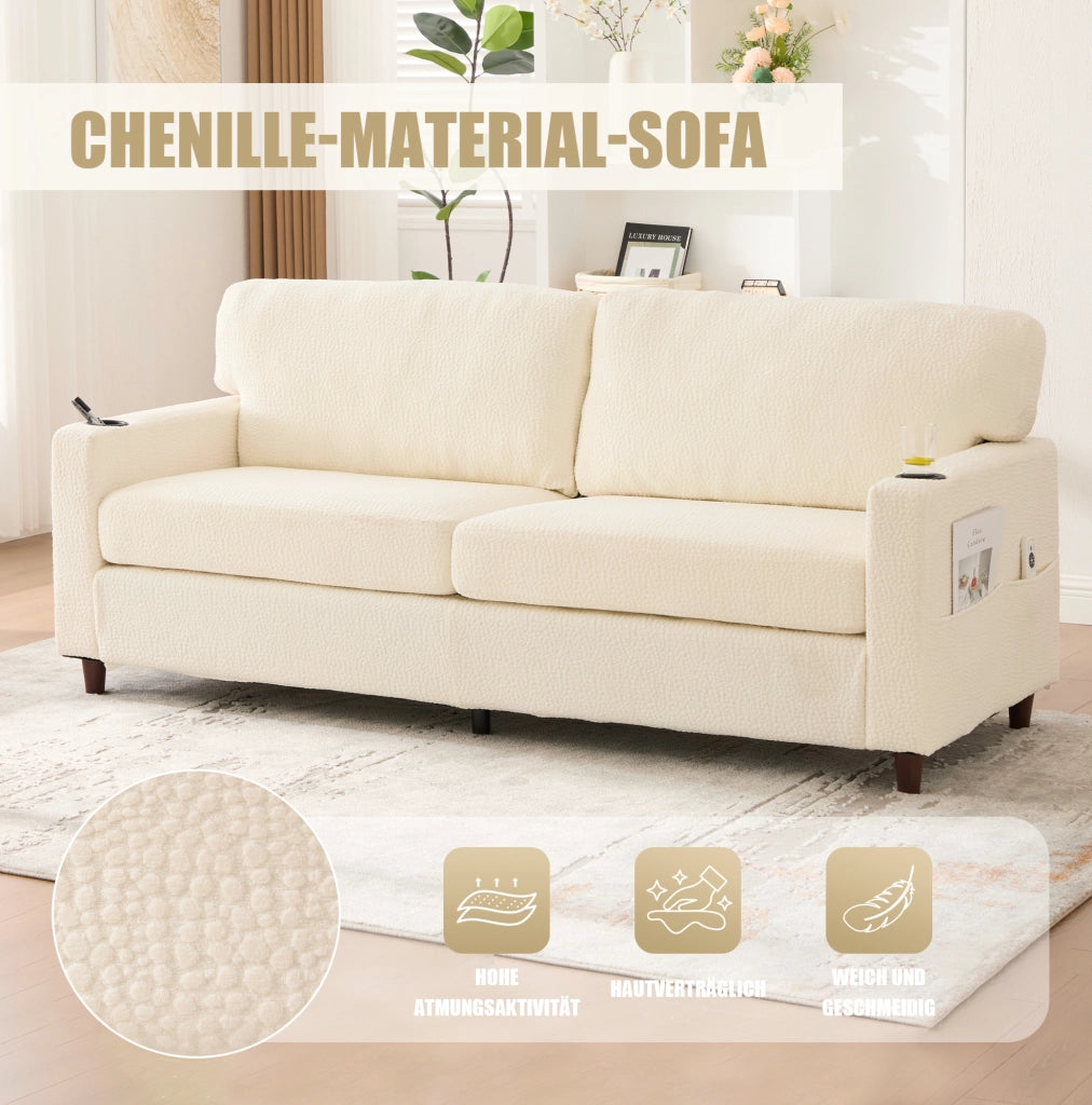Divano 2 posti in ciniglia beige con USB-C; LED dimmerabile e portabevande