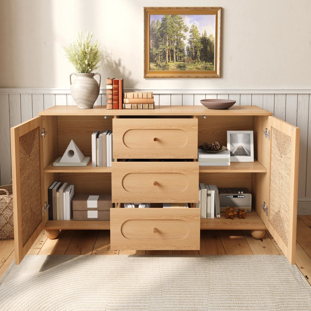 Credenza con due ante e tre cassetti 140 x 40 x 80 cm; intreccio di corda; MDF e truciolare; naturale
