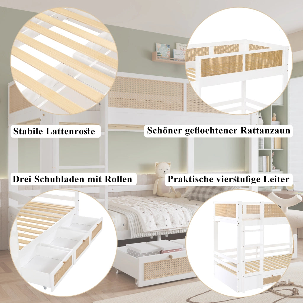 Letto a castello per bambini in pino e MDF; 90x200 cm; con 3 cassetti su ruote e rattan; bianco e naturale