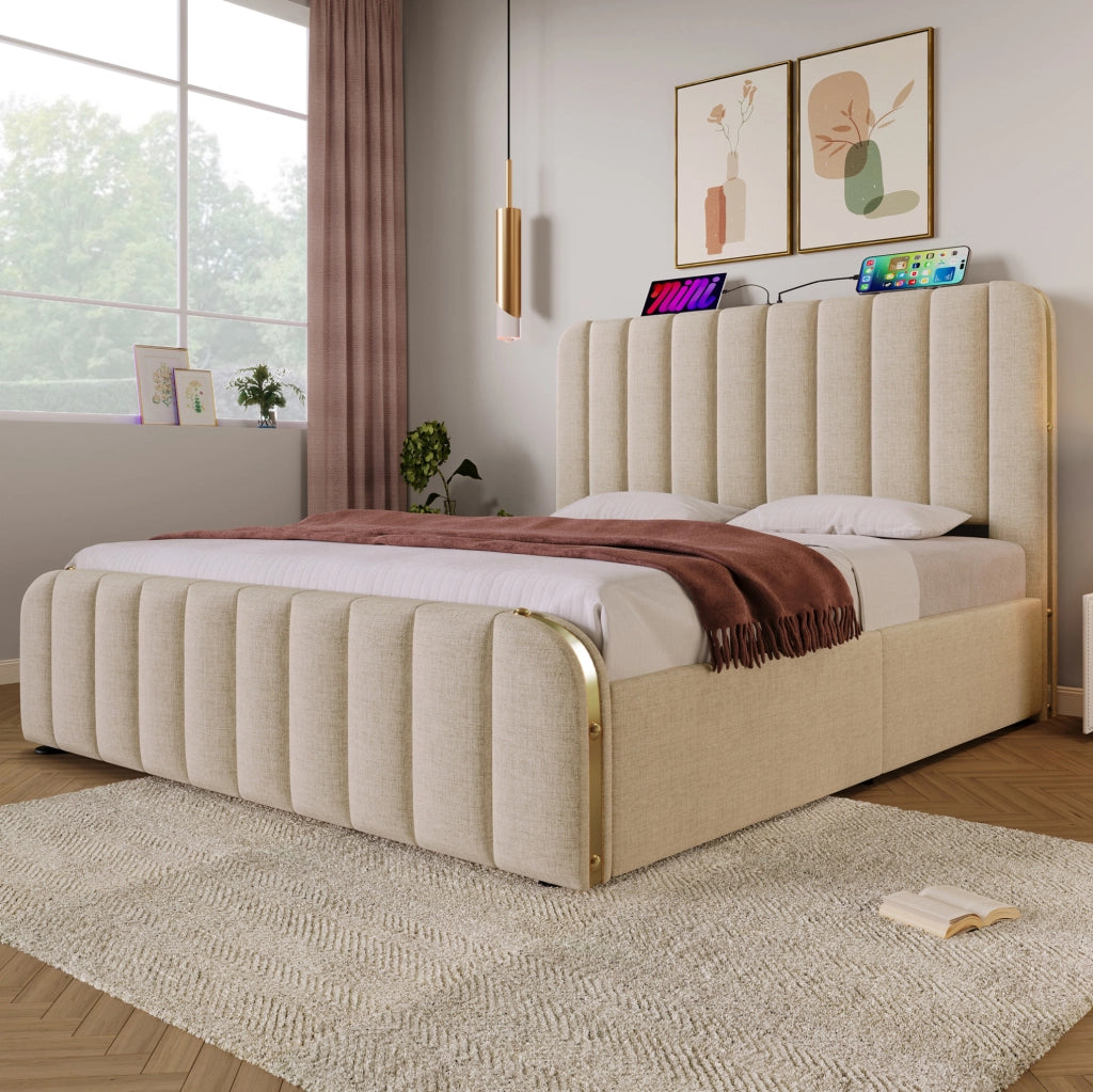 Letto imbottito 140x200 cm beige con materasso H3, 4 cassetti, USB e Type-C