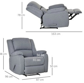 Poltrona relax con funzione lettino e tasca laterale, poliestere effetto lino grigio, 90 x 96 x 98 cm