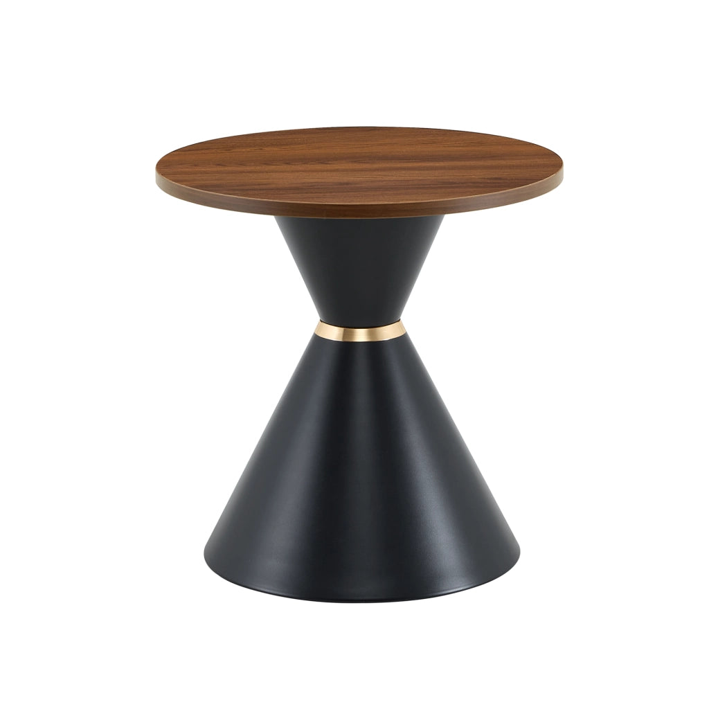 Set di 2 tavolini rotondi con piano in melamina effetto noce e base in metallo nero con dettagli dorati