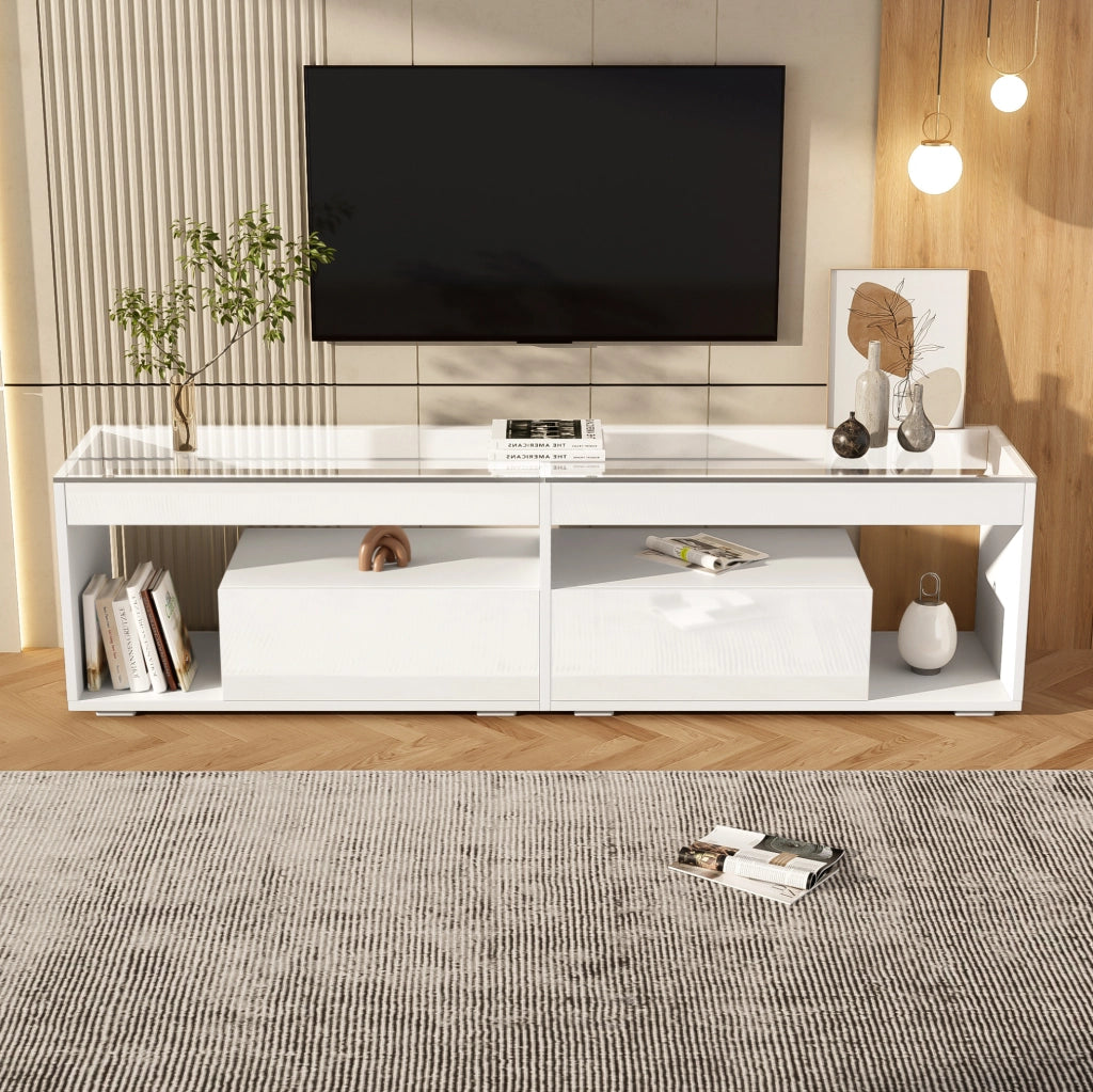 Mobile TV LED 180x40x46 cm con 2 cassetti e ripiani in vetro temperato bianco HOMVRA