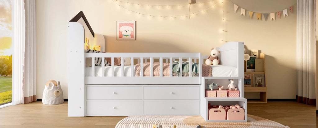 Letto a soppalco per bambini 90x200 cm, con forma casetta, 4 cassetti, LED integrato, scala con ripiani, bianco, senza materasso