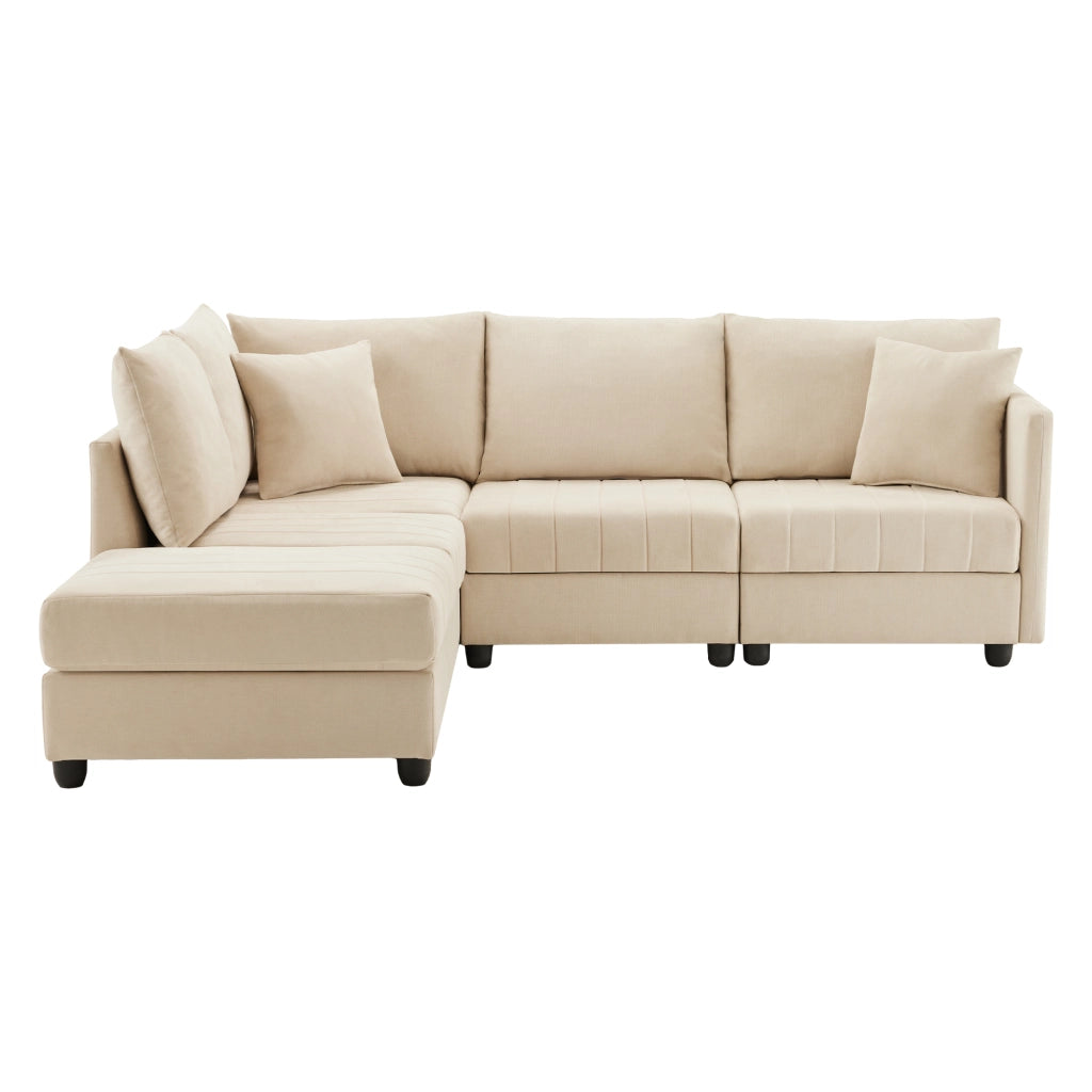 Divano modulare 5 posti 220x194 cm con pouf mobile in effetto lino beige