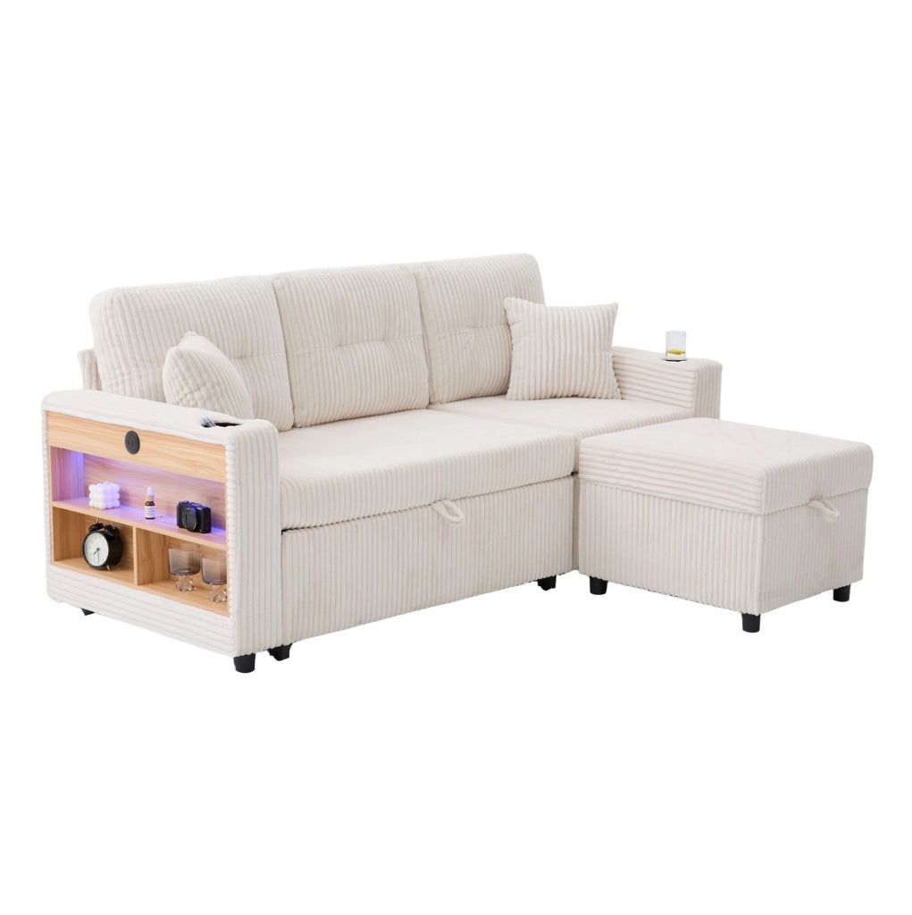Divano letto 196x82x85 cm in velluto a coste beige con contenitore