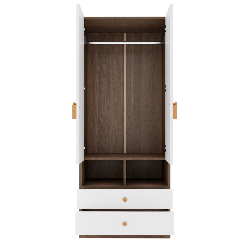 Armadio Singolo 70x50x170 cm con 2 Cassetti, Maniglie Cartoon e Piccole Mensole, Colore Legno