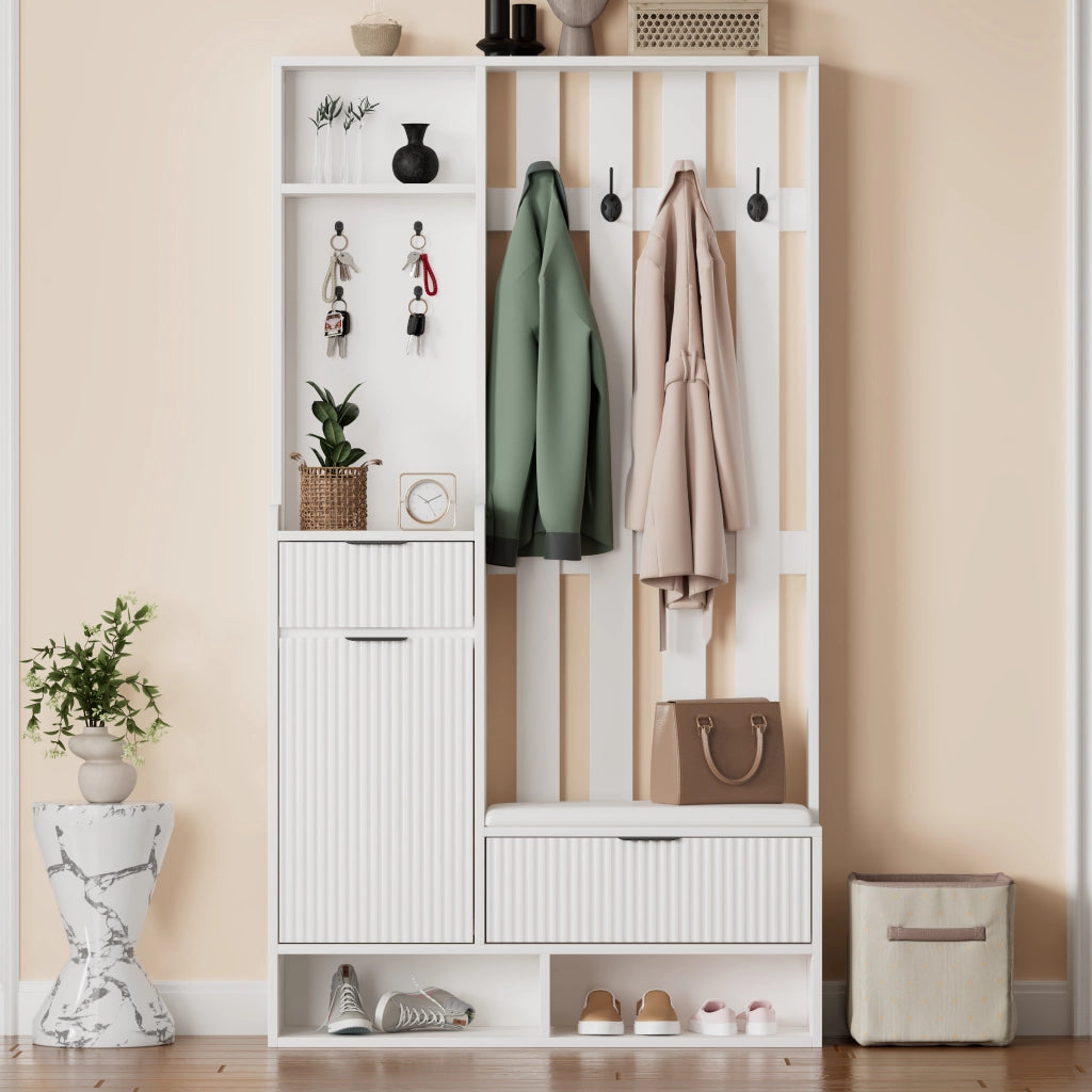 Set di mobili da ingresso con 8 ganci; panca con cuscino PU; 2 cassetti e vani aperti bianco 100 × 30 × 180 cm