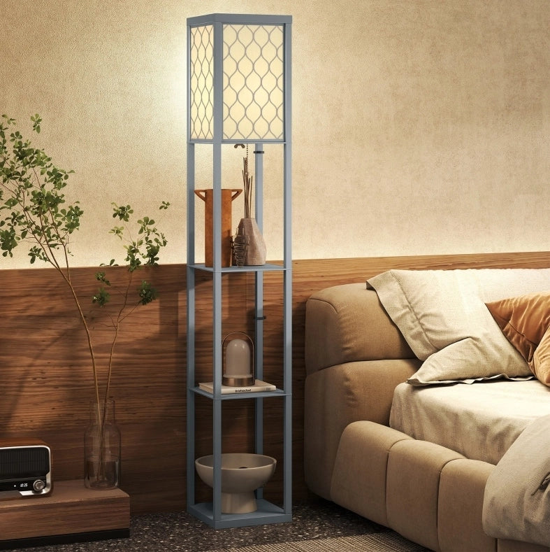 Lampada da terra con 3 ripiani, MDF grigio chiaro, dimensioni compatte 26x26x160 cm