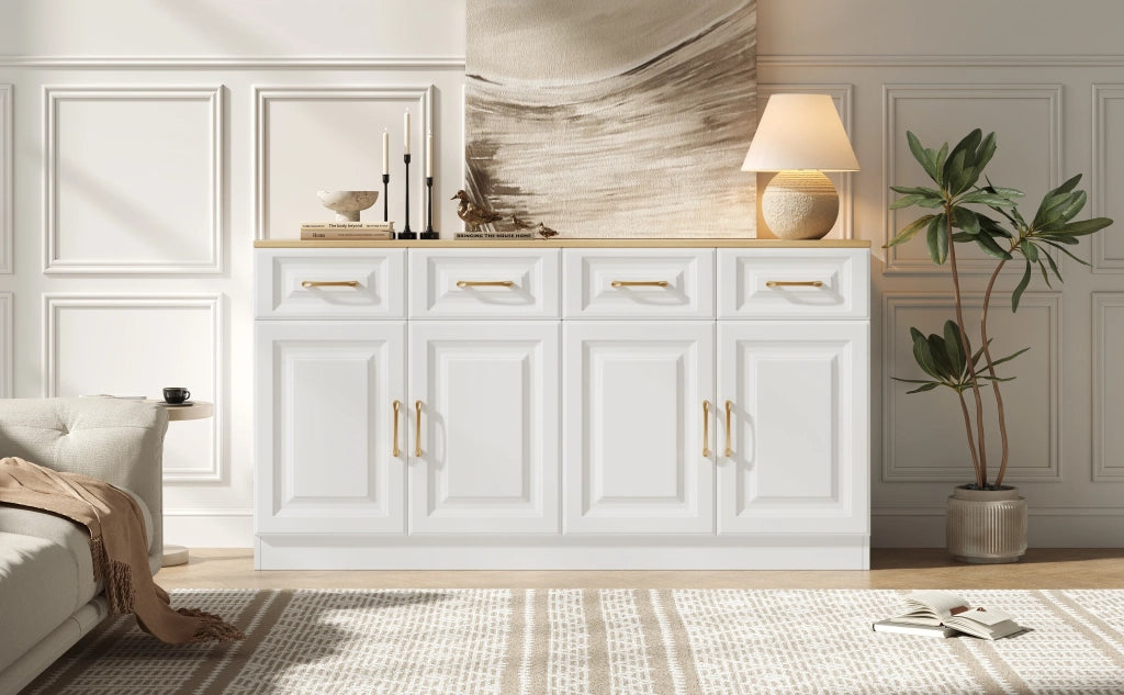 Sideboard Buffet 140 cm in legno bianco, stile moderno rustico. Mobile contenitore con 4 cassetti e 4 porte a granaio. Per cucina, sala da pranzo e soggiorno