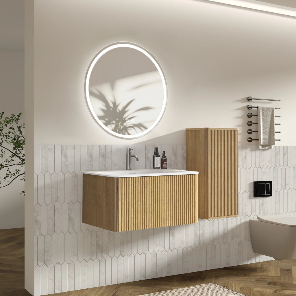 Mobile da bagno con lavabo, specchio LED e colonna - per bagno - in MDF e vetro - rovere