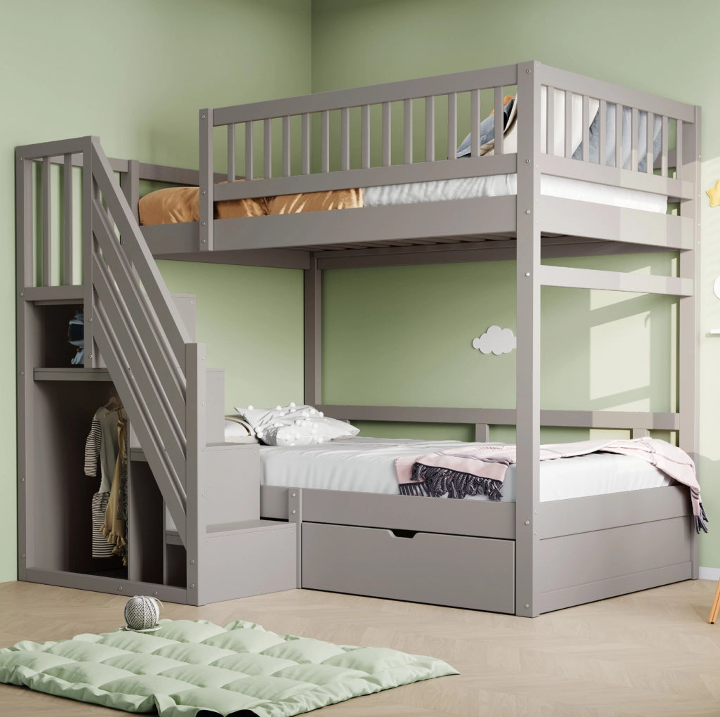 Letto a castello 90x200 cm in pino, compensato e MDF grigio con scale contenitore
