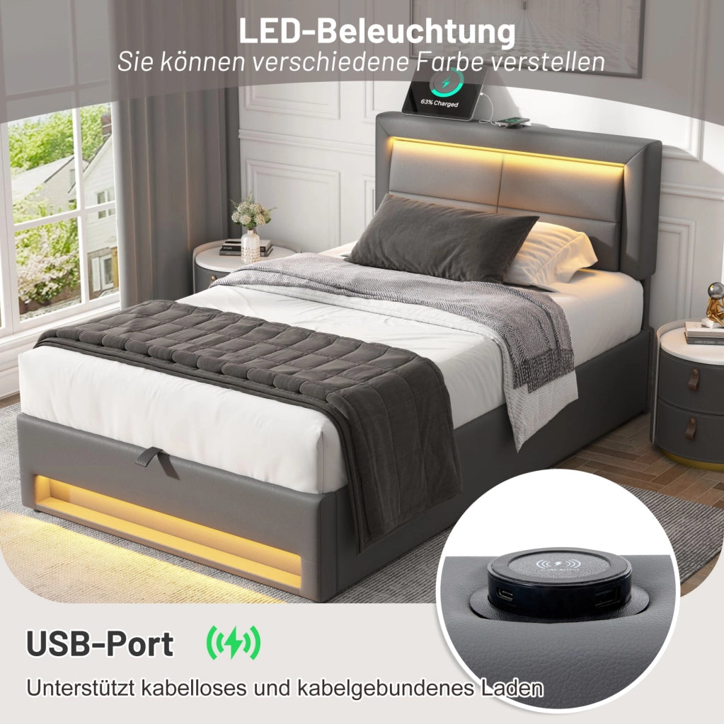 Letto imbottito singolo 90x200 cm con LED, USB e ricarica wireless