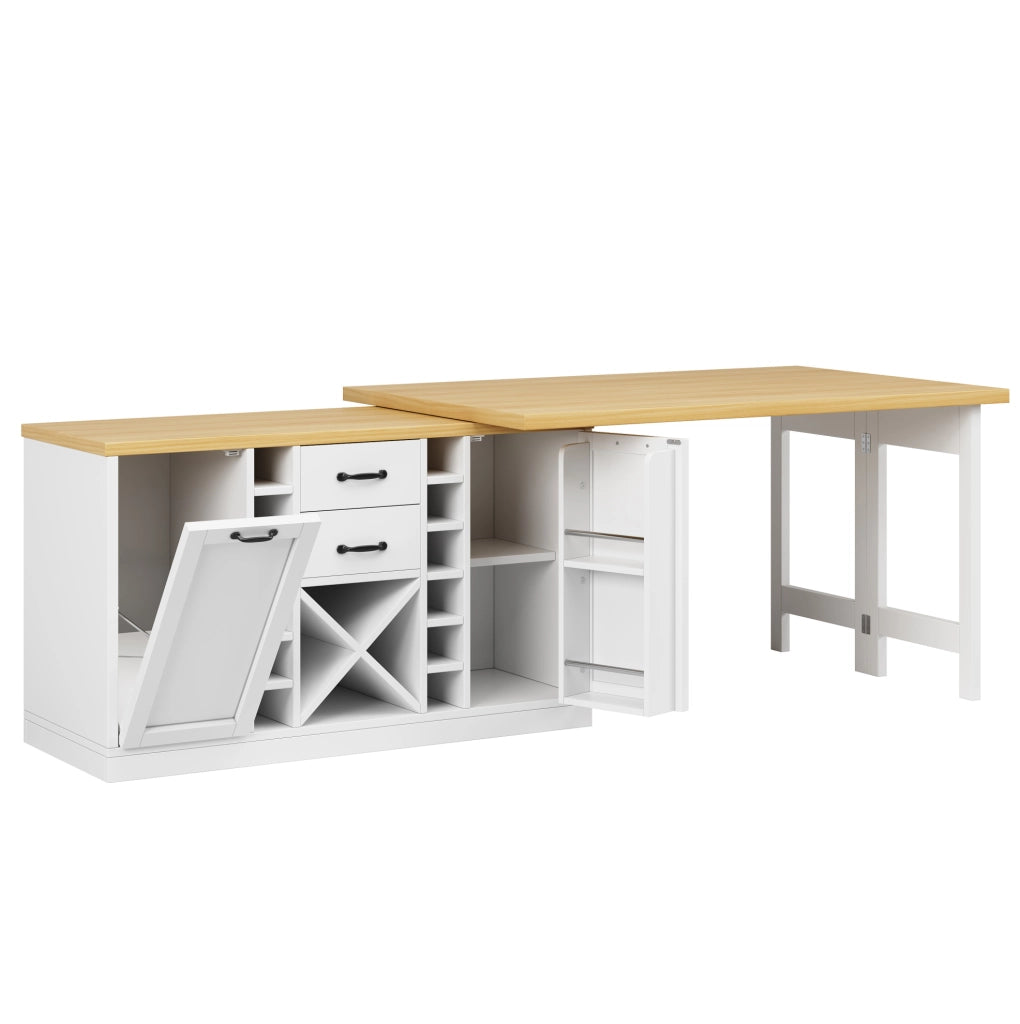 Isola cucina girevole 360° con tavolo 120-223x40x73;8 cm; MDF bianco e metallo
