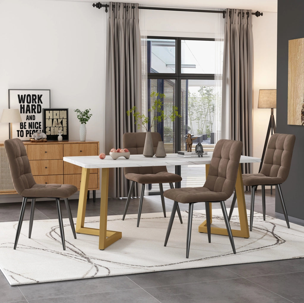 Set tavolo da pranzo rettangolare 117x68 cm con 4 sedie in velluto marrone
