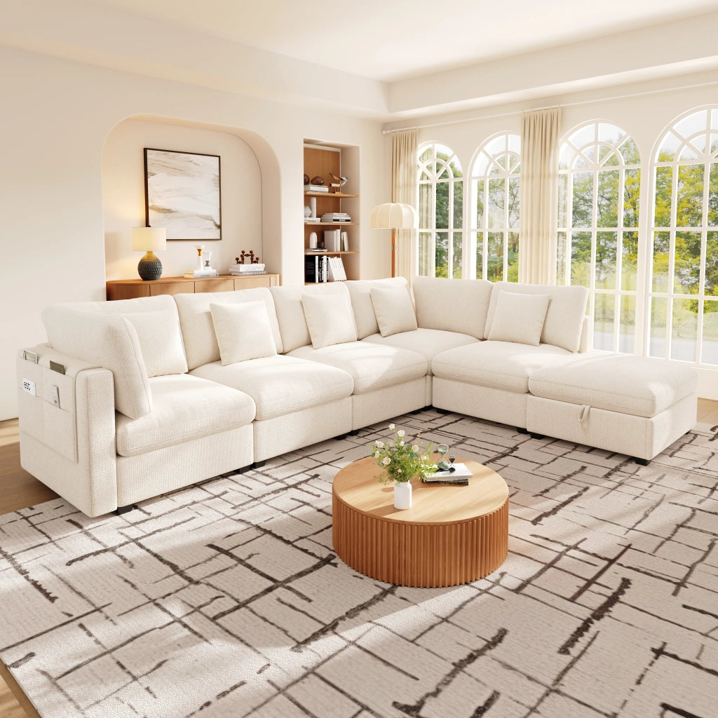 XXL divano angolare regolabile 6 posti; con funzione letto reale; pouf cassettiera; cuscini decorativi 5; ciniglia - beige