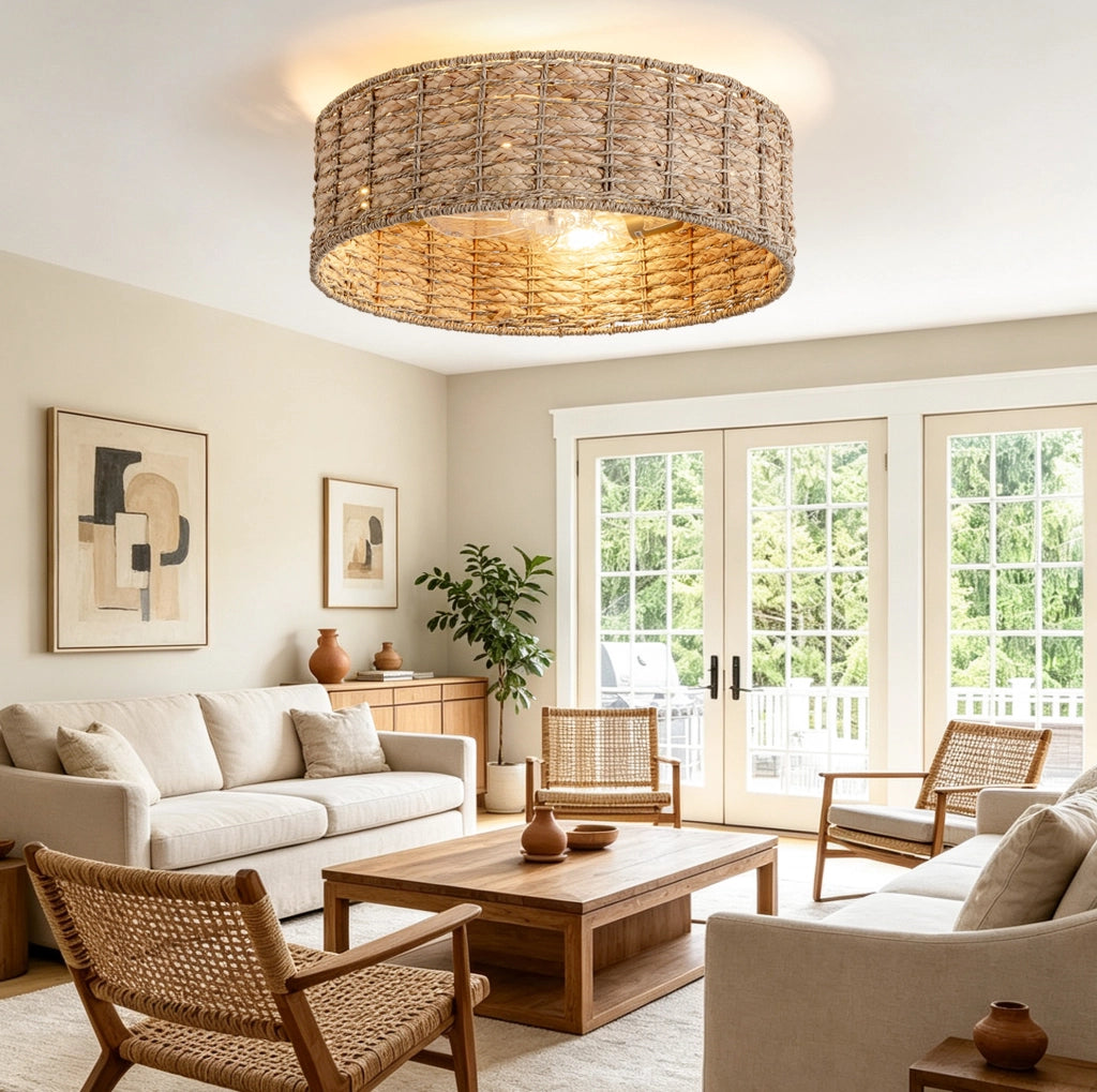 Plafoniera con ventilatore in rattan 53×53×22 cm; 6 velocità; rame