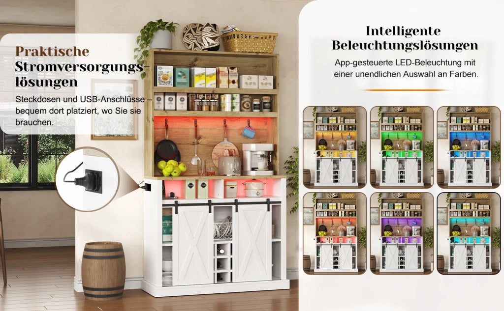 Armadio da cucina alto 191 cm con LED, presa, ganci, portabottiglie e vetrina per cucina e sala da pranzo