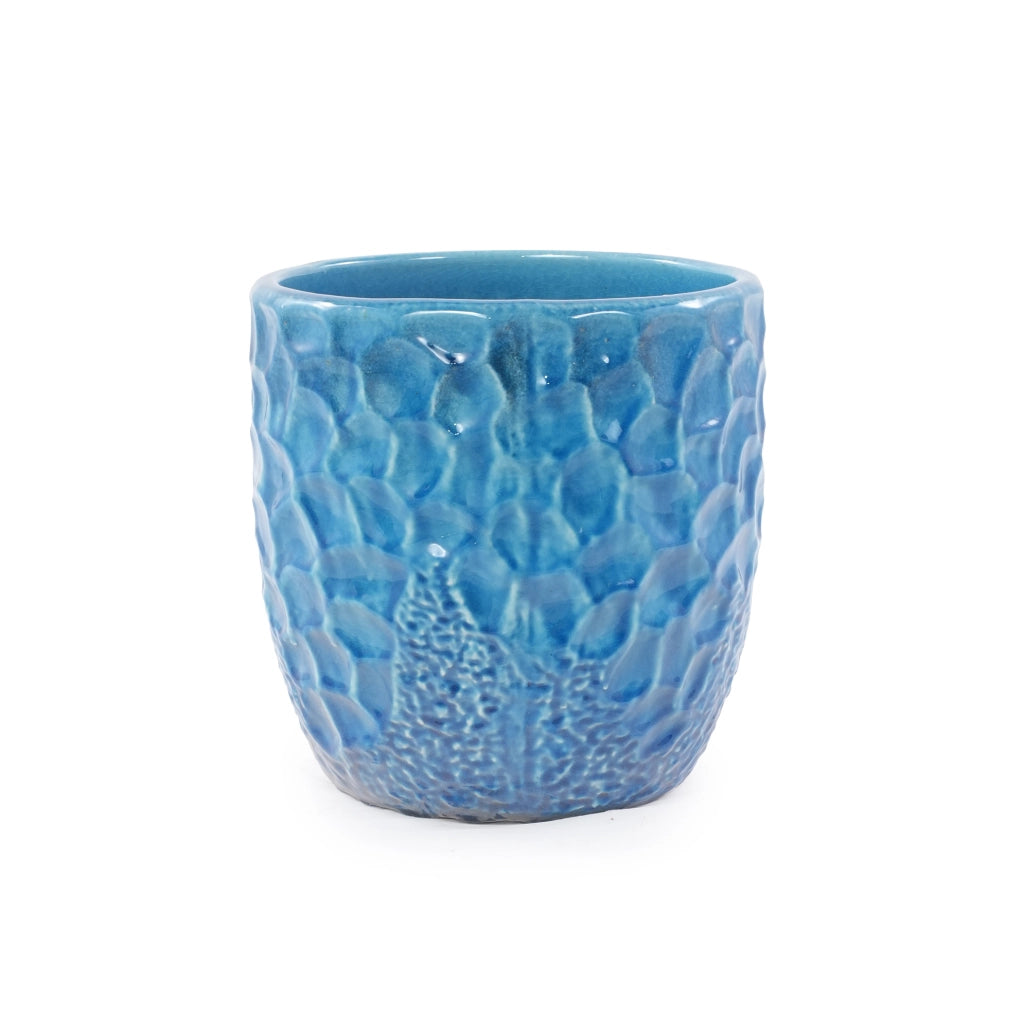 Vaso in ceramica media Ø30 cm blu lucido con rilievo a martellatura e foro di drenaggio, resistente al gelo, per piante da cucina e ornamentali
