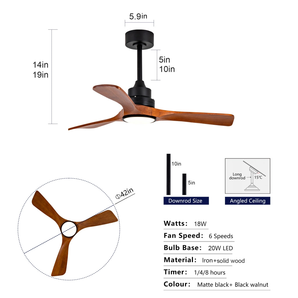 Ventilatore da soffitto 42 pollici con luce LED; 3 pale in legno noce scuro; motore DC reversibile nero 6 velocità
