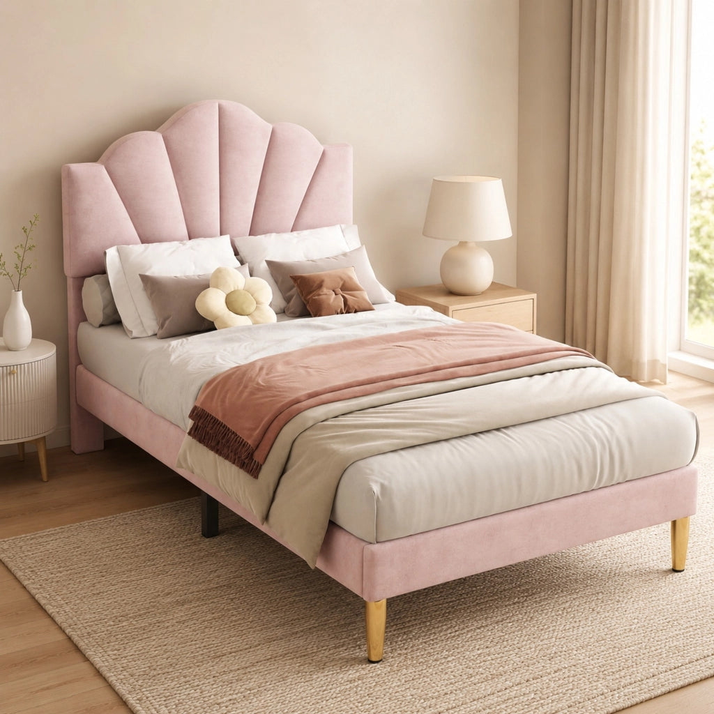 Letto singolo 90x200 cm in velluto rosa; testiera regolabile e gambe in ferro dorato