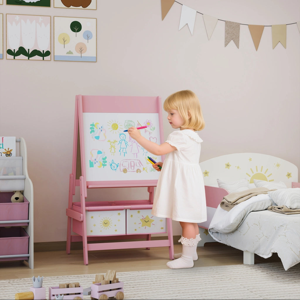 Lavagna per Bambini 3 in 1 54x46x94 cm con Cavalletto Rotolo di Carta e 2 Cestelli in Legno Rosa