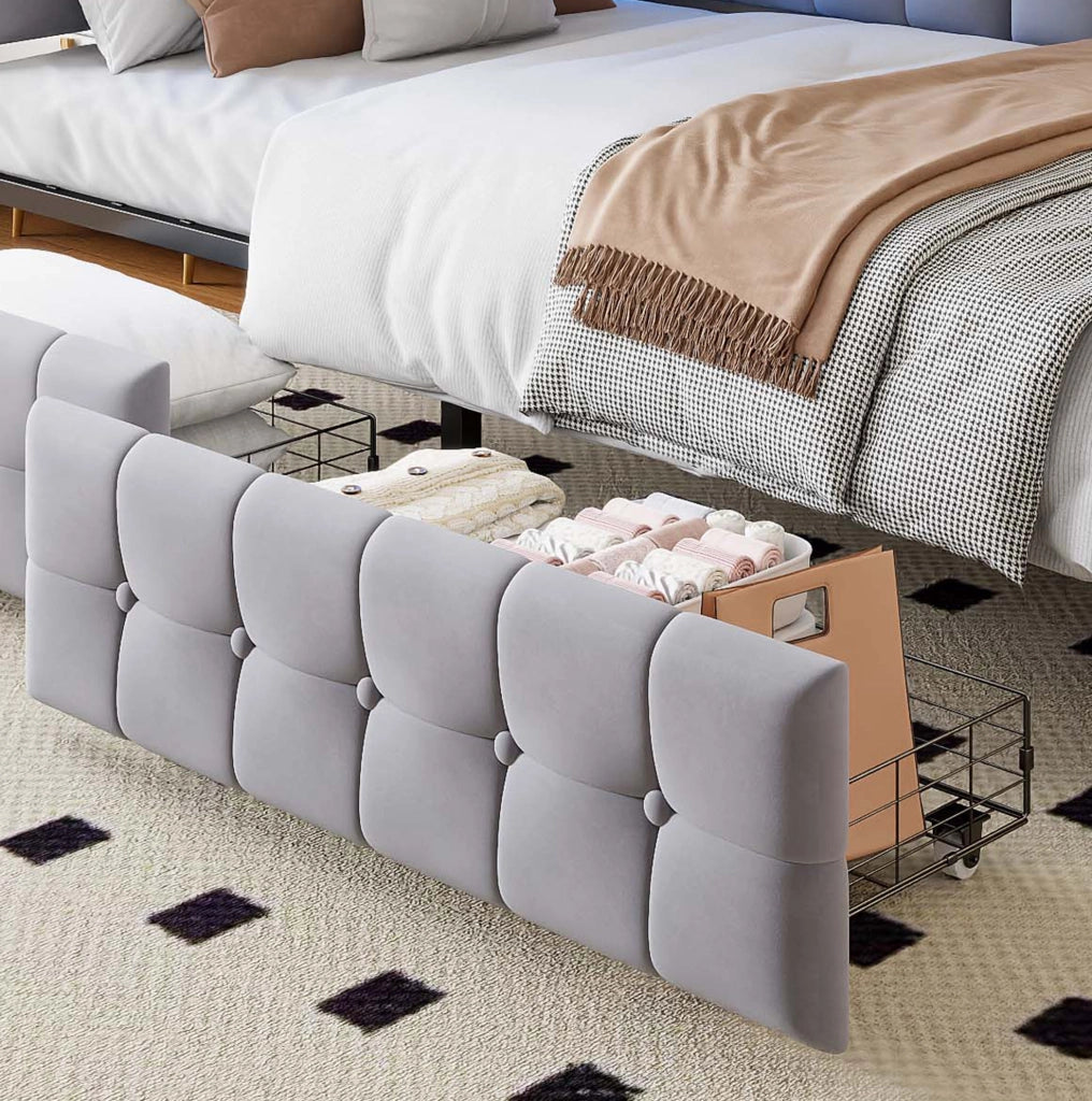 Divano letto imbottito 90x200 cm grigio con LED, USB-C e 2 cassetti