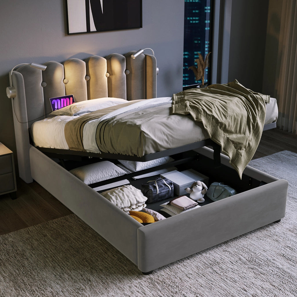 Letto singolo contenitore 90 × 200 cm in velluto grigio con luce da lettura USB rete a doghe e testiera