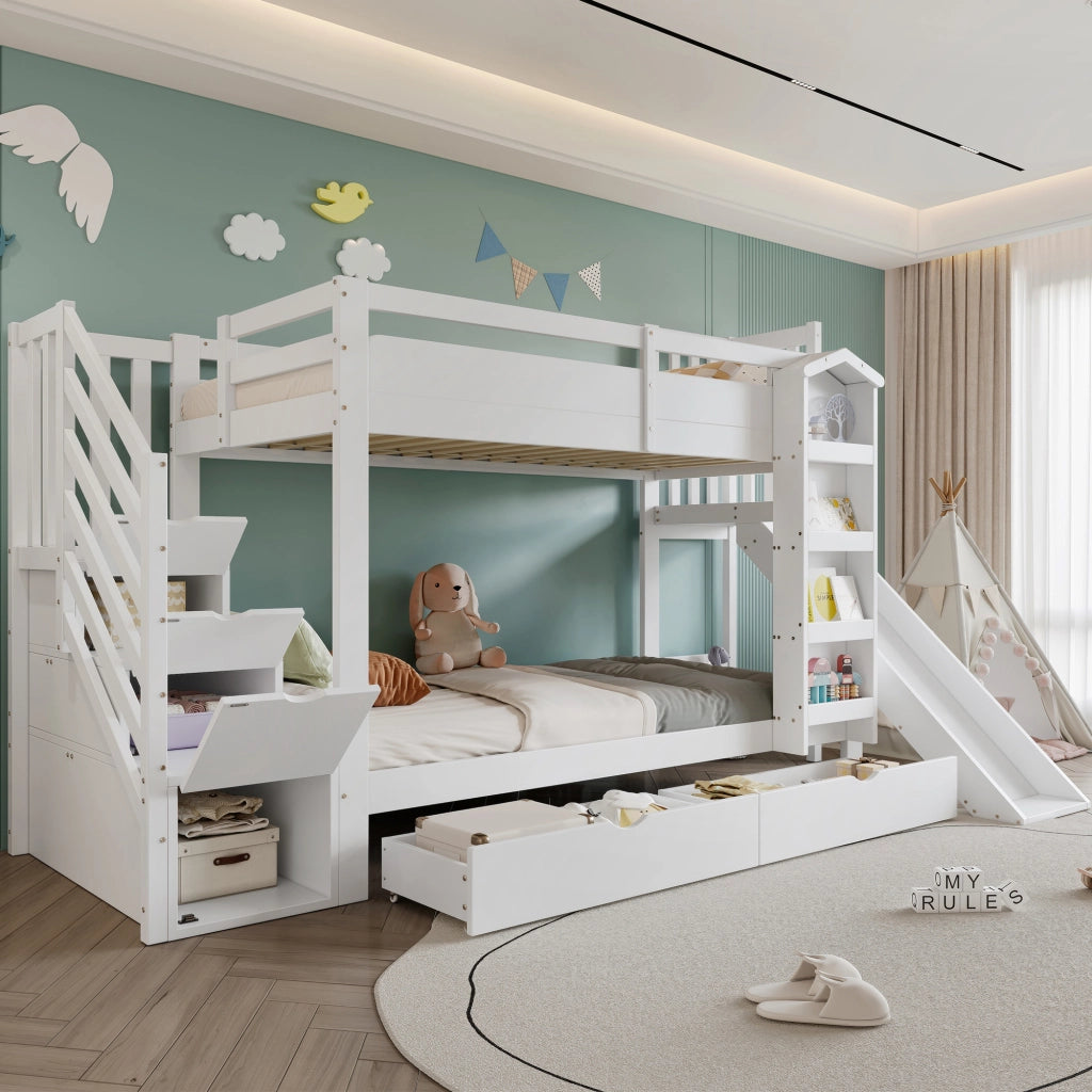 Letto a Castello 90x200 cm con Scivolo; Libreria; 2 Cassetti e Scala con Contenitori; Legno Bianco