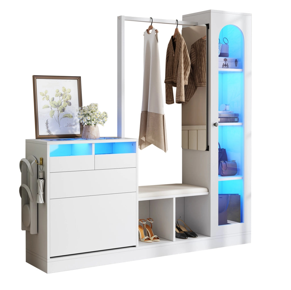 Set guardaroba multifunzionale 6 in 1 con tavolo da toeletta, porta abiti, panca porta scarpe e vetrina con luce LED a colori