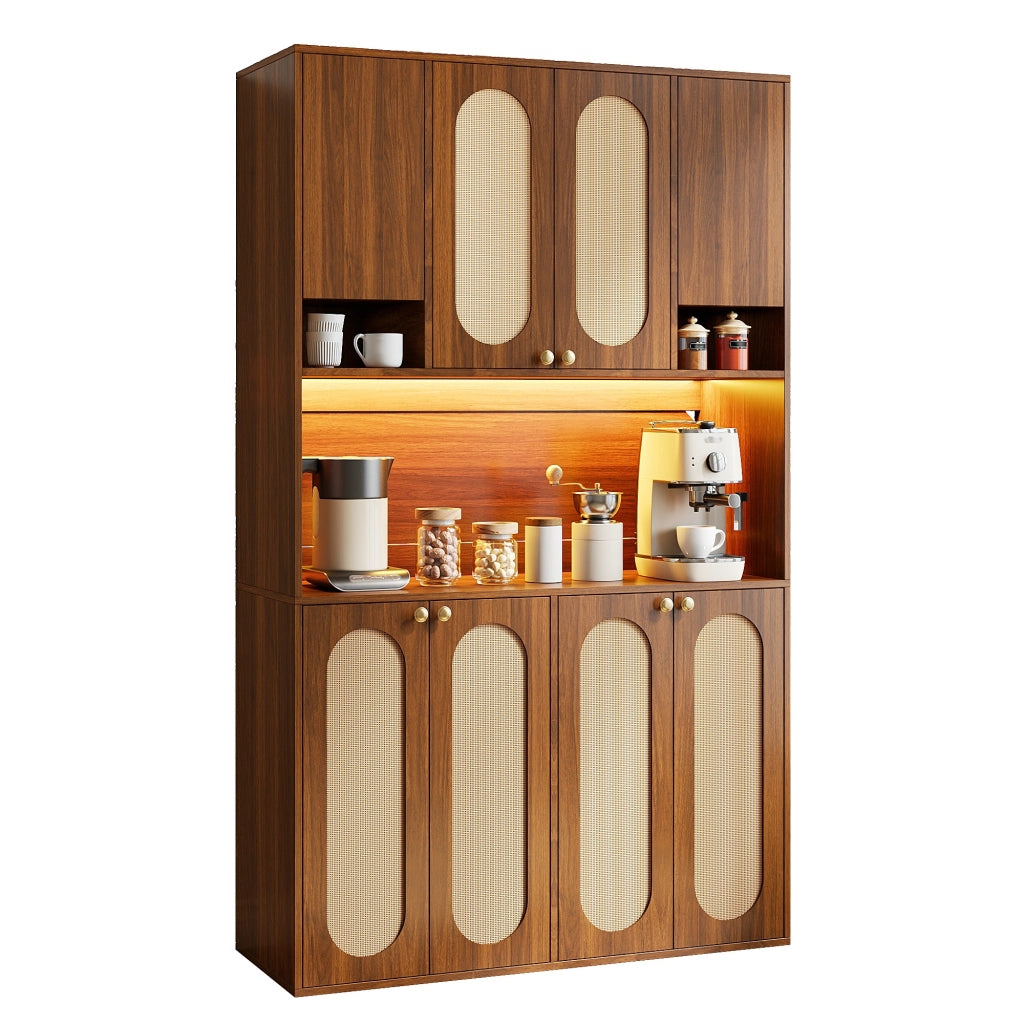 Credenza alta con 8 ante, nicchie e vano bar LED regolabile per sala da pranzo, MDF naturale, 106 × 40 × 178 cm