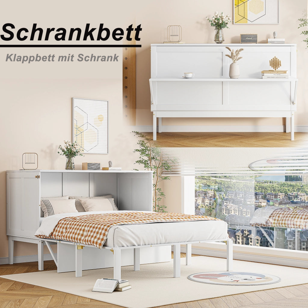 Letto a scomparsa verticale 140 × 200 cm 2 posti, con vani sottoletto e ripiano, senza materasso, bianco
