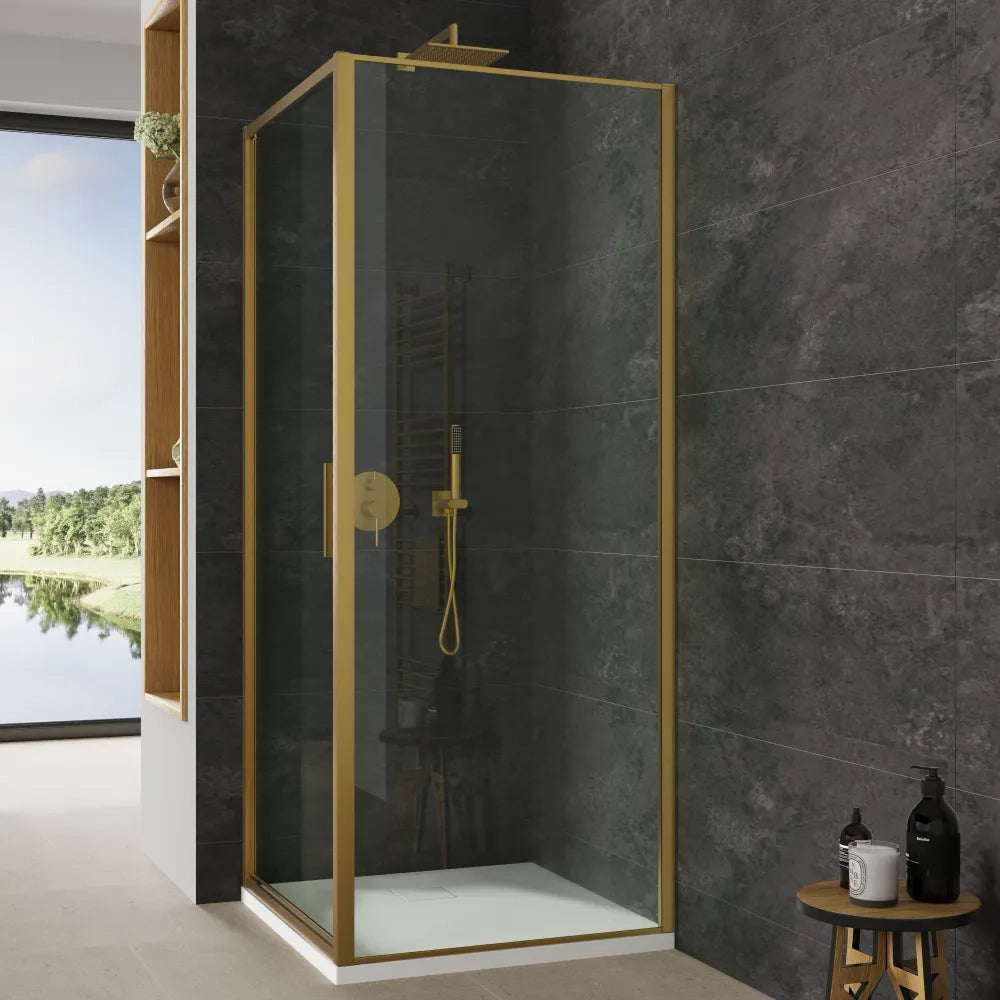 Box doccia slim 70x70cm con porta a battente e parete fissa profili oro spazzolato e vetro 6mm trasparente anticalcare h190| Portofino