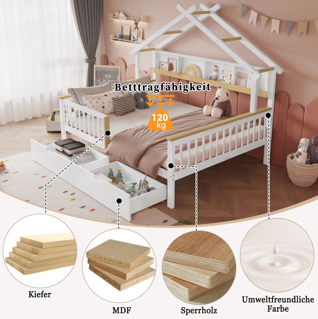Letto per bambini a casetta con sponde, cassetti e spazio contenitore