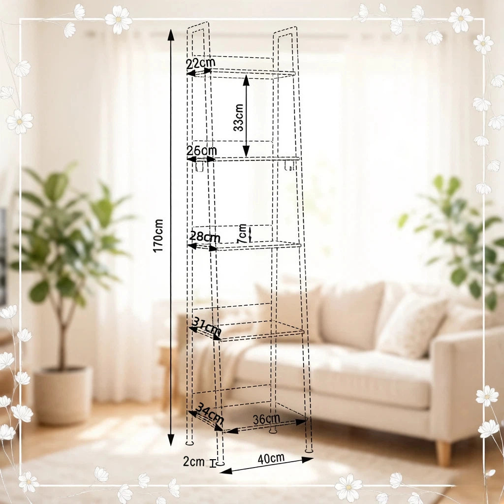 Scaffale contenitore 40x36x170 cm con 5 ripiani e ganci in MDF e metallo nero bianco rovere chiaro